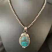 Blue Spiderweb Turquoise 2.25" Pendant Navajo Sterling Silver Necklace 14061