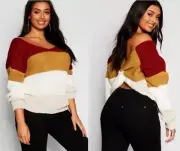 Boohoo Womens Sweater Top Size 12 Stripe Knit Back Knot Stretchy Modern Cozy