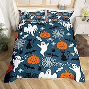 White Ghost Bed Linen Set, Black Cat Bats, Halloween Decoration Comforter Cover for Children, Pumpkin Lantern Duvet Cover, Halloween Spider Web Bed, 135 x 200, Gothic Cobwebs Halloween Decor