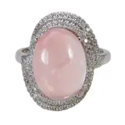 925 Sterling Silver Designer 10x14 mm Rose Quartz Cubic Zironia Micro Pave Ring