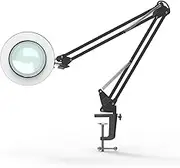 YOUKOYI LED Magnifying Lamp Metal Swing Arm Magnifier Lamp - Stepless Dimming, 3 Color Modes, 5X Magnification, 4.1" Diameter Glass Lens, Adjustable Industrial Clamp for Reading/Office/Work (Black)