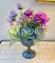 Decorative Planter in a Blue Iridescent Carnival Glass Compote