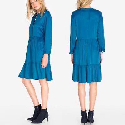 JOHNNY WAS Tiered Ruffle Mandarin Collar Boho Shirt Dress Peacock Blue Size XS
