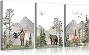 Woodland Nursery Wild Animals Forest Wall Art Decor Posters Adventure Theme Watercolor Deer Bear Fox Pictures Paintings Beige Green Canvas Prints for Boys Room Girls Room ,Set 3,16x24in/Unframed (Framed, 16x24in)