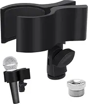 Adjustable Microphone Holder Clip, 1 Pcs Plastic Spring Mic Clip, Microphone Stand Outer Diameter Between 32mm to 60mm with 1pcs 5/8" to 3/8" Screw Adapter, Black (1)