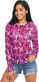 [ODAWA] Hot Pink Bat Camo Long Sleeve Sheer Blouse See Through Sheer Mesh Top O Neck Clubwear for Women