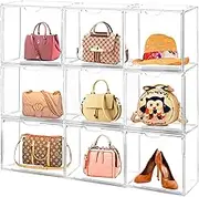 Cutora 3Pack Purse Organizer for Closet Clear Acrylic Display Case Handbag Storage Organizer Box with Magnetic Door Stackable Storage Bins with Dustproof Lid for Book Toys Shoes Cosmetic Collectibles