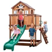 Backyard Discovery Echo Heights Cedar Wood Kids Outdoor Cubby House with Wave Slide and Deck