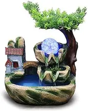 LWQCHW Rustic Tabletop Waterfall Fountain with House and Bridge Detail - LED Light and Fog Effect for Home or Office