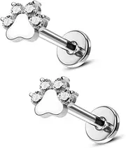 [Niaspi] CZ Paw Print Labret Cartilage Studs Earrings for Women Unisex 16G Stainless Steel Small Cat Dog Kitten Animal Pet Tragus Monroe Helix Barbell Studs Lip Nose Ring Piercing Jewelry