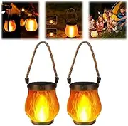 Dancing Flame Solar Lantern Outdoor Lights, Solar Flame Lanterns Outdoor Waterproof, with 2 Modes Dual Charging USB & Solar, Realistic Flickering Effect Dual Mode for Garden Patio Pathway (2pcs)