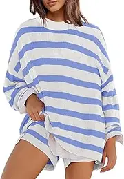 [Panadila] Women's Striped Sweater Set - Oversized Lounge Sets Matching Pajamas - Long Sleeve Sweater Top and Shorts - Black and White