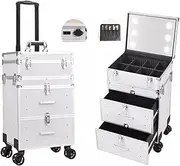 [Gkaikpe] Makeup Train Case,Travel Makeup Trolley, With LED Light, Rolling Makeup Train Case, Beauty Storage Case, with Drawers， Retractable Handle， 360°Universal Wheels, Silver-a, 37x27x67cm