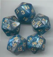 NEW RPG Dice Set of 5 D20 - Twisted Aqua-Silver