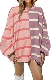 [Valtorixia] Womens Fall Striped Sweaters Color Block Striped Pullover Sweater Crew Neck Long Sleeve Loose Knit Fall Trendy Pullover Tops