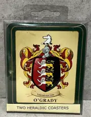 2 Heraldic Coasters "O’Grady" Ireland Family Shield Motto History
