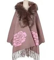 [BAILEYU] Faux Fur Cloak Shawl Tassel Scarf with Sleeves Female Knitted Jacquard Floral Open Front Poncho Cape Cardigan Sweater for Fall Winter