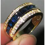 【戒指】滿鑽藍寶石方鑽戒指鍍18K黃金閃鑽男女士指環戒子女生指環戒指飾品