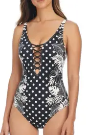 Bleu by Rod Beattie DOUBLE TROUBLE LACE DOWN ONE PIECE SWIMSUIT size 14