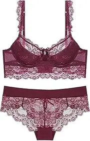 [Generic] Sexy Lace Push Up Bra Set For Ladies Balcony Demi Padded Lingerie Sets Floral Lace See Through Bra and Under Pants