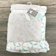 Just Born Baby Blanket Gray Plush Teal Print Trim Minky Soft New