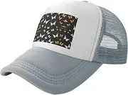 [MDATT] Gold White Butterflies Black Mesh Baseball Cap Adjustable Twill Bulk with Ponytail Hole Washed Dad Hat for Men Women