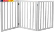 3-Panel Portable Retractable Barrier Wooden Pet Gate White, Dog Fence Freestandi