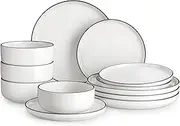[MALACASA] Plates and Bowls Sets, 12 Pieces Modern Porcelain Dinnerware Set for 4 White Kitchen Dinner Dining Ware Set wtih Black Rim Ceramic Dishware Dishes Microwave and Dishwasher Safe, Series LUNA