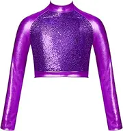 [Aislor] Kids Girls Shiny Sequins Crop Top Shirt Mock Neck Long Sleeve Fully Lined Dancwear for Stage Performance