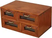 Portable Storage Vintage Wooden Storage Box with Double Layer Desk Organizer 4 Drawers for Home and Office