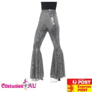Womens 70s Disco Silver Flared Trousers 1970s Costume Retro Groovy Hippy Pants