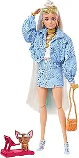 [Barbie] Extra Doll & Accessories with Platinum Blonde Hair, Blue Paisley-Print Jacket & Pet Chihuahua