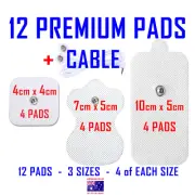 TENS EMS ELECTRODE PADS CABLE WIRE LEAD CORD + 12 PADS 3 SIZES - 4 of EACH SIZE