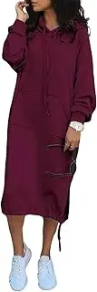 [ebossy] Women's Casual Loose Solid Color Drawstring Hoodie Fall Warm Fleece Sweatshirt Maxi Dress with Pocket