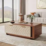 [Tribesigns] Extendable Coffee Table with 2 Storage Drawers, Dual-Tone Center Table with Sliding Tabletop, Multi-Functional Hidden Storage Wooden Rectangle Cocktail Table for Living Room, Walnut & Oak