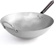 joeji's Kitchen Carbon Steel Wok 35cm - Round Bottom - Detachable Wood Handle - Traditional Hand Hammered Style - Commercial Grade - Heavy Sturdy Chinese Frying Pan Wok - Perfect for Asian Dishes