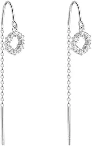[Generic] Tiny Hollow Circle Round Minimalist 925 Sterling Silver Threader Tassel Long Chain Dangle Drop Hanging Earrings for Women Sensitive Ear Elegant Cubic Zirconia Dangling Hypoallergenic