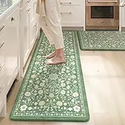 KIMODE Cushioned Kitchen Mats for Floor Anti Fatigue,Farmhouse Spring Floral Kitchen Rugs Sets of 2 Non Slip,Wide Memory Foam Standing Carpet for Laundry Sink Office,Green