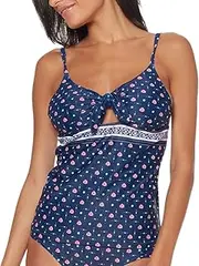 [Jessica Simpson] Printed Tie-Front Tankini Top Dark Navy Multi (Medium)