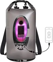 [CACATUA] 20L Waterproof Dry Bag with Built-in Bluetooth Speaker, Solar Panel, LED Light, USB-C Charging Port, Roll Top IP66 Waterproof Backpack for Kayaking, Beach, Camping, Black