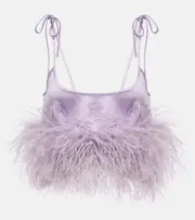 [Miu Miu] Miu Miu Feather-trimmed logo satin crop top AU 4 purple