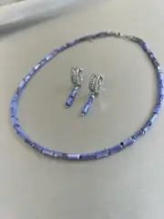 Natural Hematite & Freshwater Shell necklace set Rhodium Plated Earrings Blue