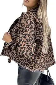 [NAKEAH] Women's Fashion Leopard Print Denim Jacket Street Hipster Loose Cropped Denim Coat