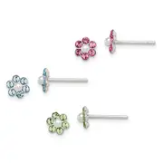 Sterling Silver Polished Children'S Stellux Crystal & Imitation Pearl Flower Post Earring Set