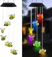 MorTime LED Solar Bee Wind Chime, 25" Mobile Hanging Wind Chime for Home Garden Decoration, Automatic Light Changing Color(Honeybee)