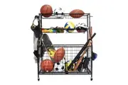 All-in-one Ball Storage Rack Sports Equipment Garage Organizer Basketball Holder Cart with Wheels Hooks Metal