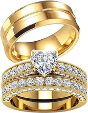 [WRS WEDDING RING SET] TWO RINGS His Hers Wedding Ring Sets Couples Rings Women's 10k Yellow Gold Plated White heart CZ Wedding Engagement Ring Bridal Sets & Men's Titanium Wedding Band