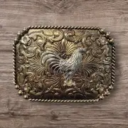 Cowboy Belt Buckle For Man - Rooster 4 1/4"x3 1/8" Gold Copper Tone/Silver