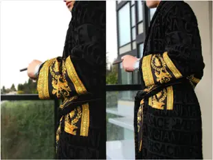 【EZ兔購】~正品 VERSACE 凡賽斯 女神頭 頂級黑牌  圖案帶浴袍 潘瑋柏 中國有嘻哈現貨 黑色