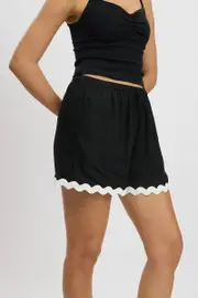 Black Shorts Elasticated Waist Ric Rac - Size 8, Women's Shorts